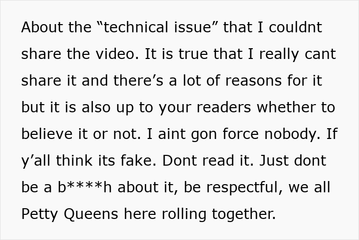 A post explaining why a video cannot be shared, encouraging readers to respect the content regarding the wedding.