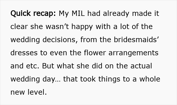 Quick recap of the MIL's behavior at her son's wedding, where she showed up in white.