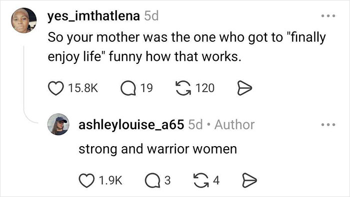 Comment about mother finally enjoying life with replies on thriving ex-wife