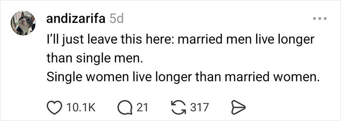 Comment discussing lifespan differences between married and single women