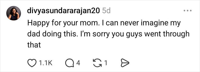 Comment expressing sympathy and happiness for thriving ex-wife's mom