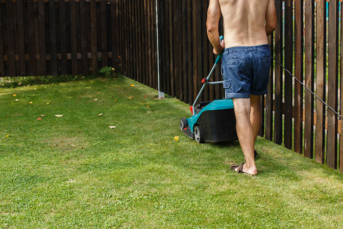 A man mowing his lawn shirtless, part of a plan to annoy his insecure neighbor and shock him with his audacity.