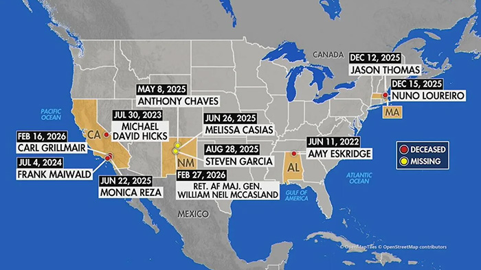 Map showing locations of first missing scientist and others found deceased or missing across the US Map showing locations of first missing scientist and others found deceased or missing across the US