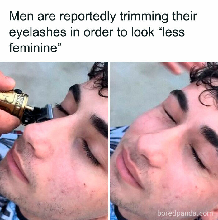Images showing men trimming eyelashes to look less feminine