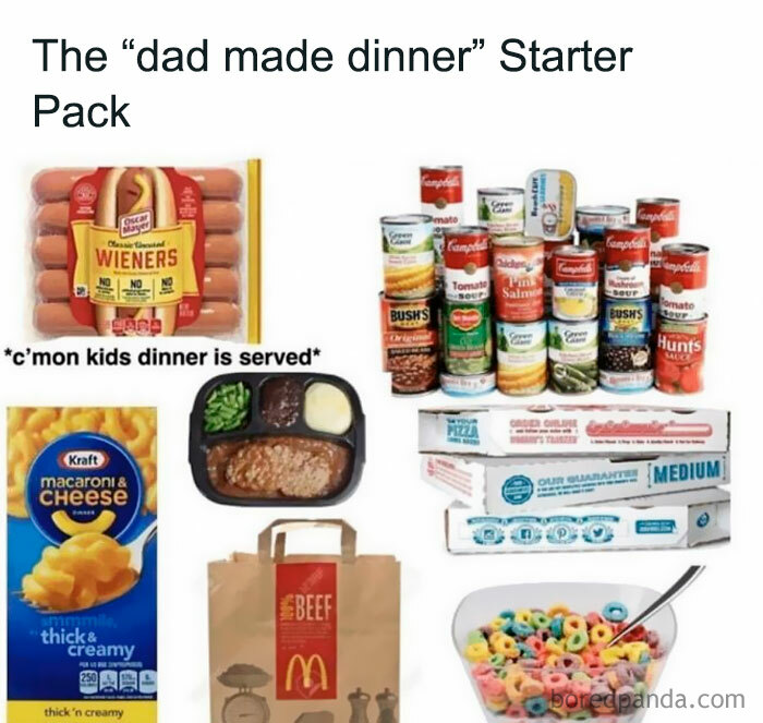 Dad made dinner starter pack with hot dogs, canned goods, mac and cheese, microwavable meals, pizza, fast food, and cereal
