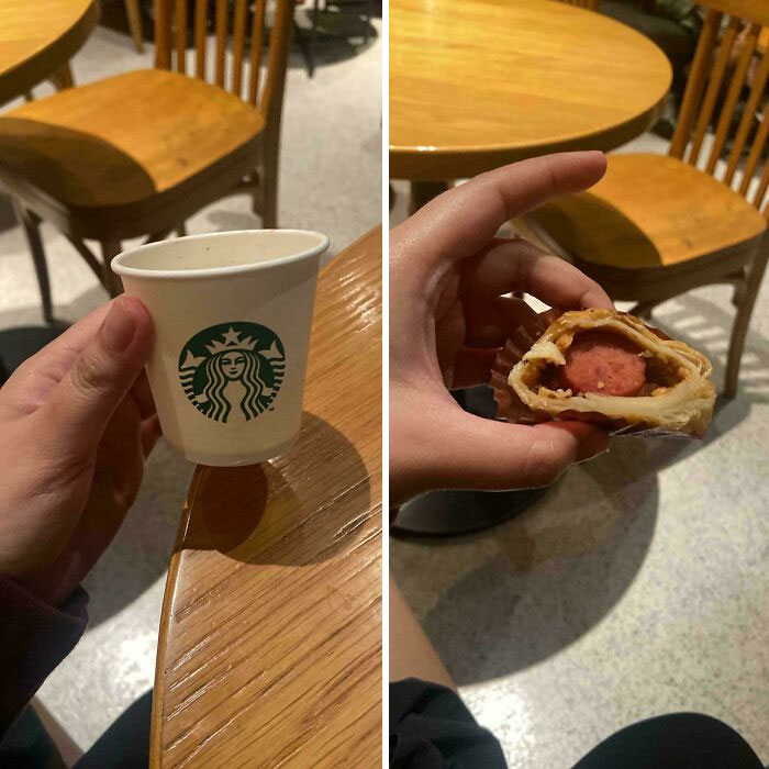 A wholesome Starbucks cup and a sausage roll, a combination of unusual things.