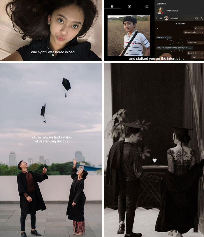 Collage of images showing cute love stories, including a woman in bed, chat, and couple in graduation outfits.
