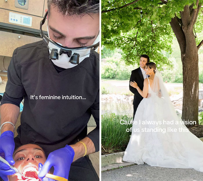 Collage of images showing cute love stories of women trusting intuition, with a dentist and a wedding couple.