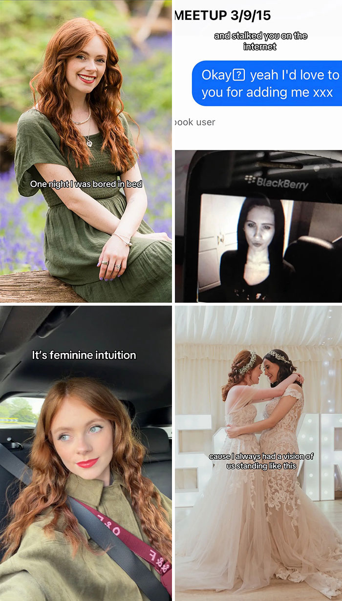 Collage of images showing cute love stories of women trusting intuition, including a wedding and an old Blackberry chat.