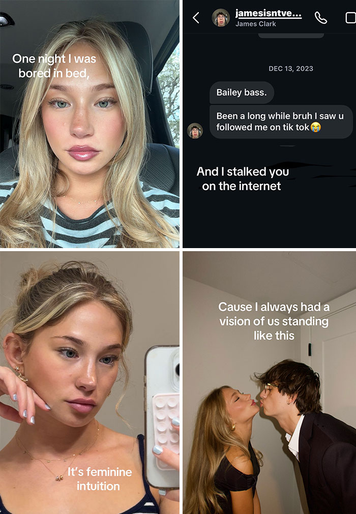 A split image displaying a woman in a car, an internet chat, a woman taking a selfie, and a couple kissing, highlighting cute love stories.