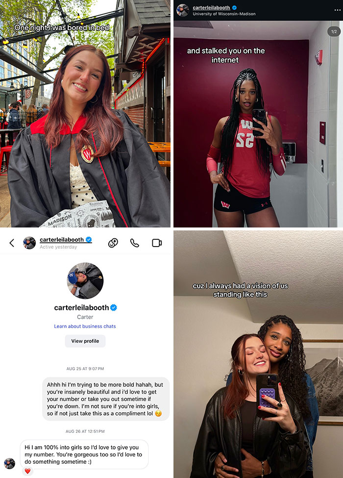 A split image featuring a woman in a graduation cap, a woman in a gym, an internet chat, and two women posing, showcasing cute love stories.