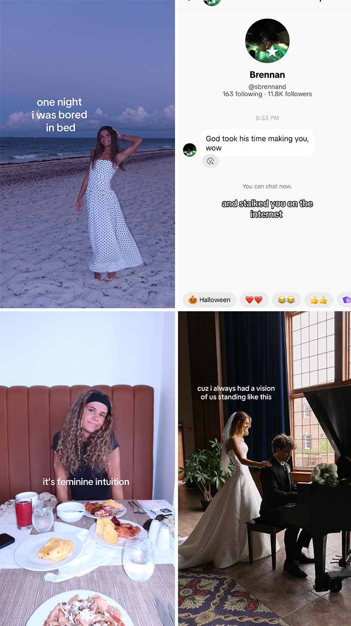 A split image showing a woman on a beach, an internet chat, a woman at a table, and a couple at a piano, depicting cute love stories.