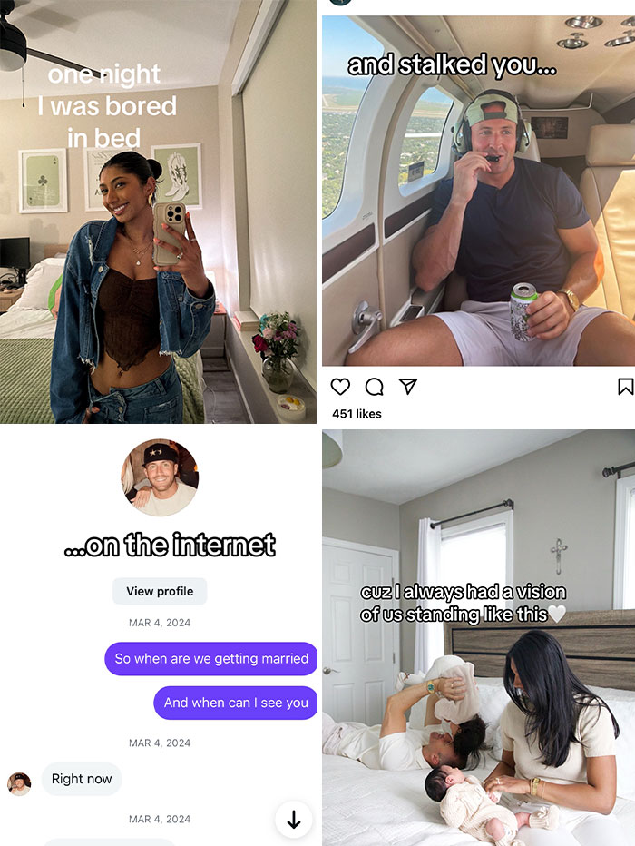 A split image depicting a woman in bed, a man on a private jet, an internet chat, and a couple with a baby, illustrating cute love stories.