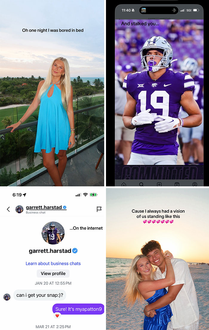 A woman on a balcony, a football player, an online chat, and a couple on the beach, showcasing cute love stories.