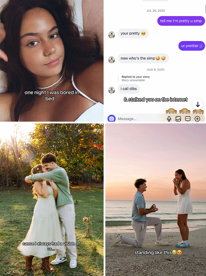 Collage of images showing cute love stories, including online chats, a couple hugging, and a beach proposal.