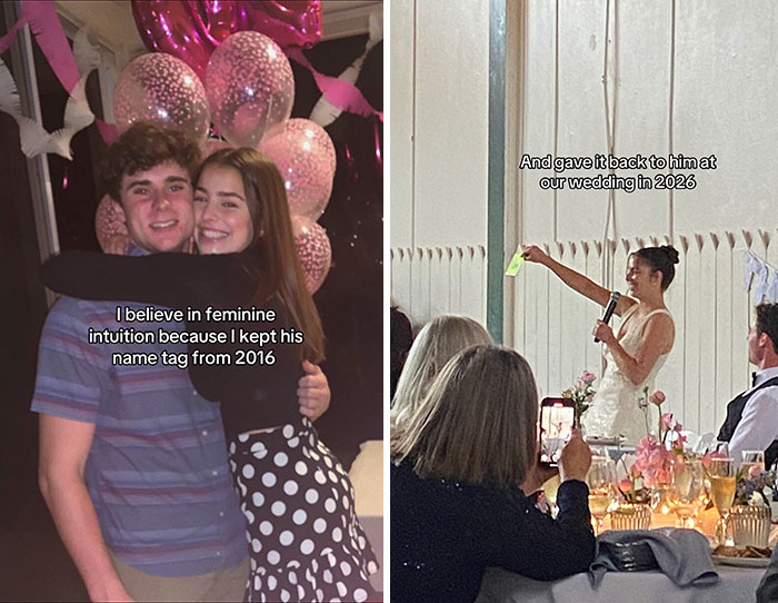 A woman and man smiling with balloons, and a woman speaking at a wedding, illustrating cute love stories.