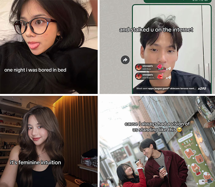 A split image of a woman bored in bed, a man on a video call, and a couple on a street, symbolizing a cute love story from intuition.