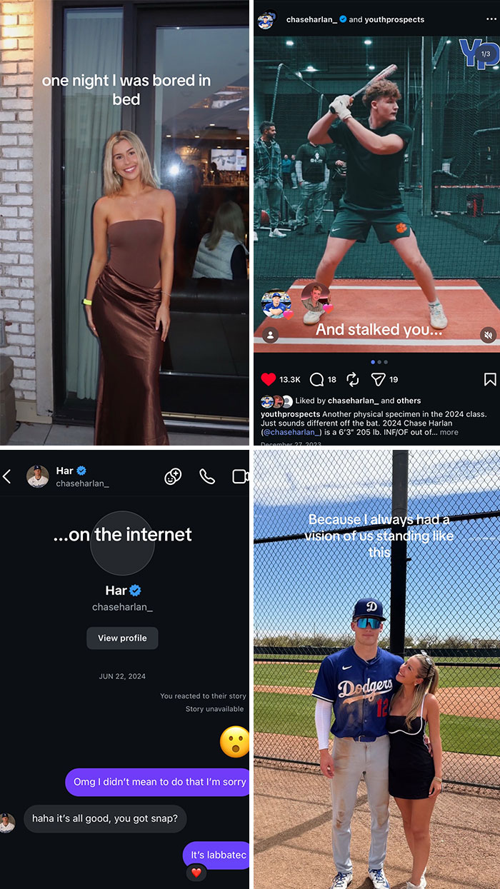 A woman in a brown dress, a man playing baseball, and a couple on a baseball field, showing a cute love story from intuition and the internet.