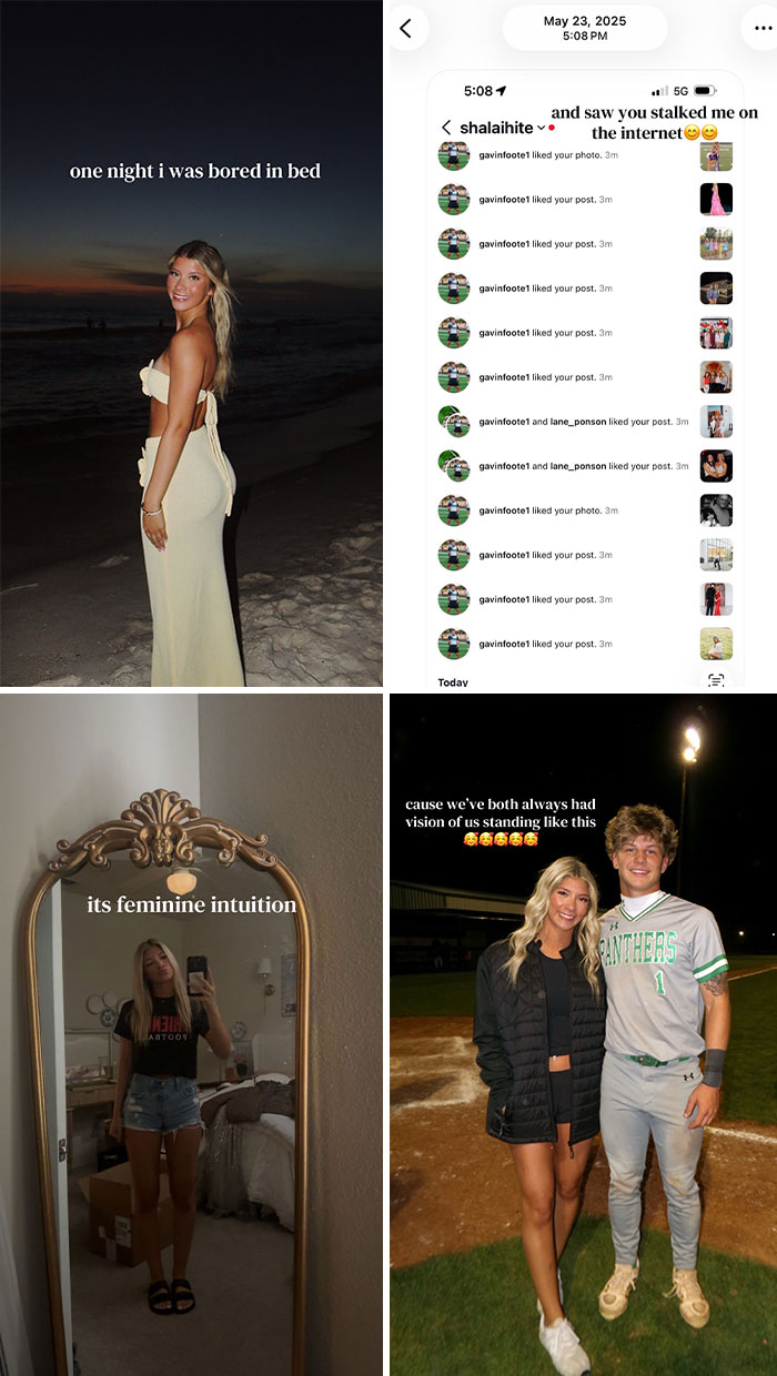A split image featuring a woman on the beach, social media interactions, and a couple in a field, illustrating cute love stories.