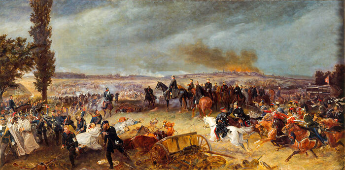 Historic battle scene painting depicting soldiers on horseback and chaos
