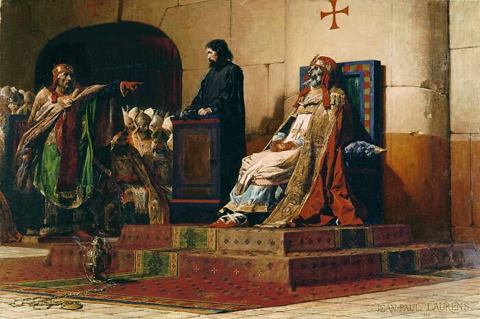 Historical painting showing a medieval courtroom with a king and accusers