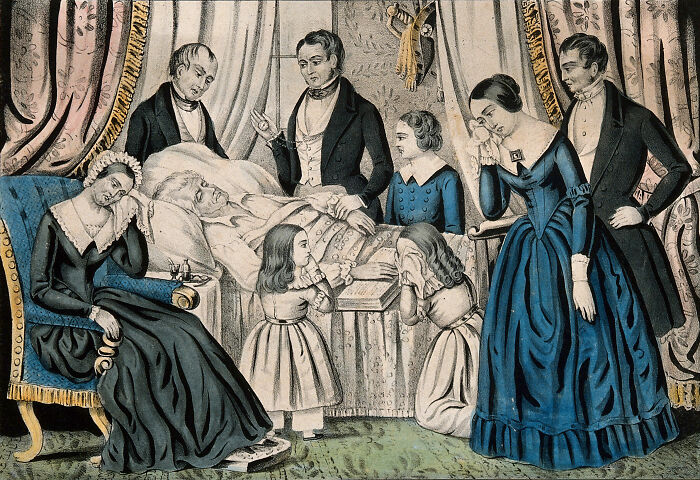 Emotional historical scene depicting a family mourning around a dying man from history