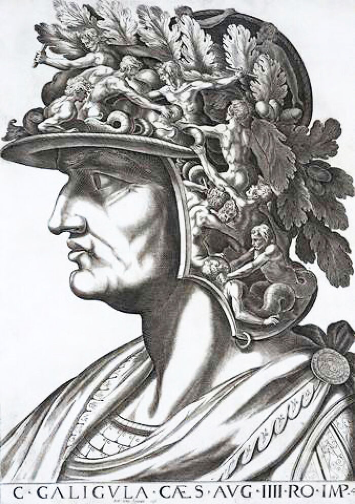 Detailed historical engraving of a Roman soldier's helmet with mythical figures from history