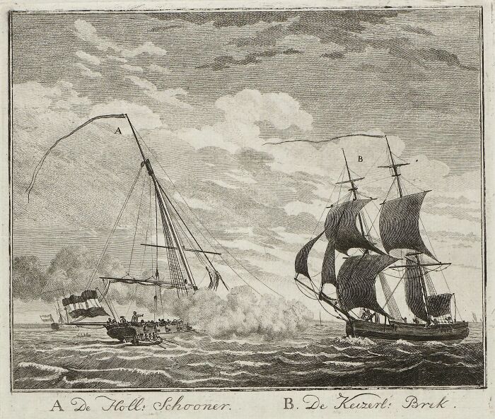 Engraving of naval battle between two sailing ships with smoke