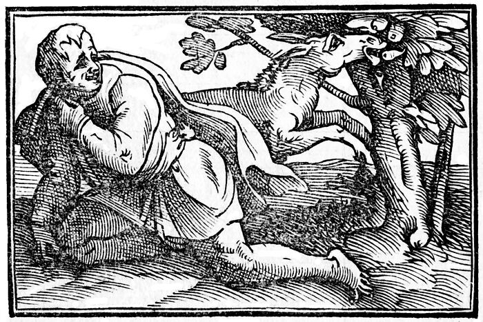 Medieval woodcut illustration of man fleeing from a horse in forest
