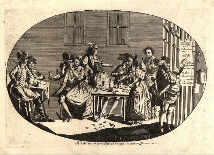 Historical engraving showing a group of people drinking and socializing indoors from history moments
