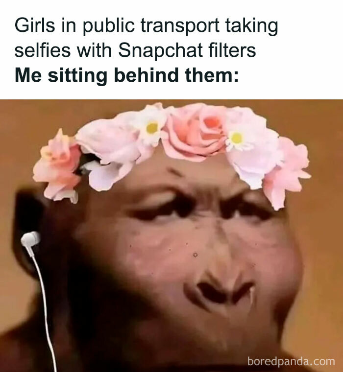 A blursed meme of an ape wearing a flower crown and earbuds, representing someone observing girls taking selfies.