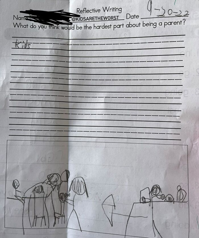 Child's handwritten answer saying kids are the hardest part of parenting with drawing
