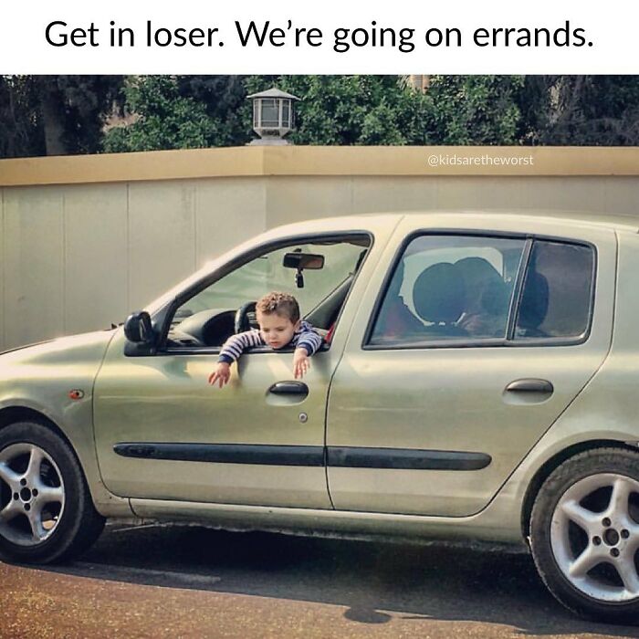 Parenting meme with child leaning out car window about running errands