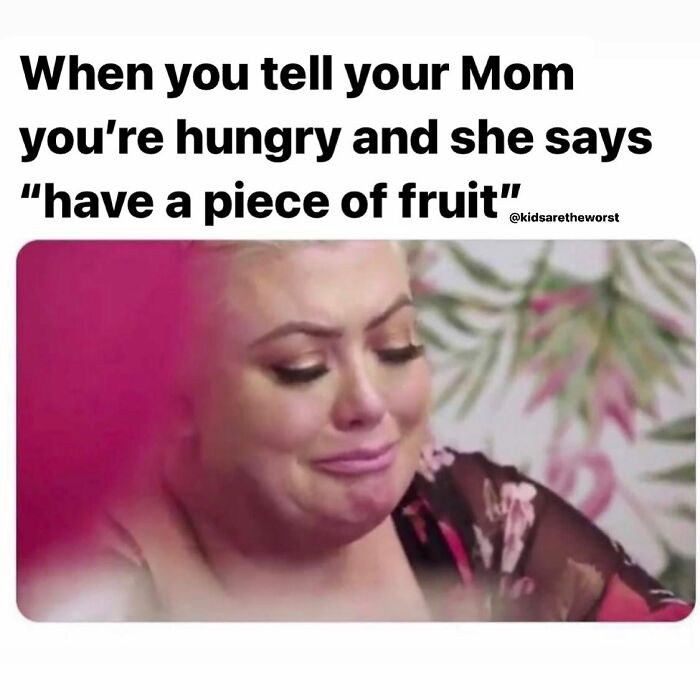 Parenting meme about moms offering fruit when kids say they're hungry