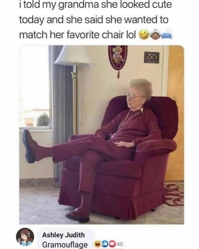 Grandma matched her outfit to her favorite chair in a parenting meme.