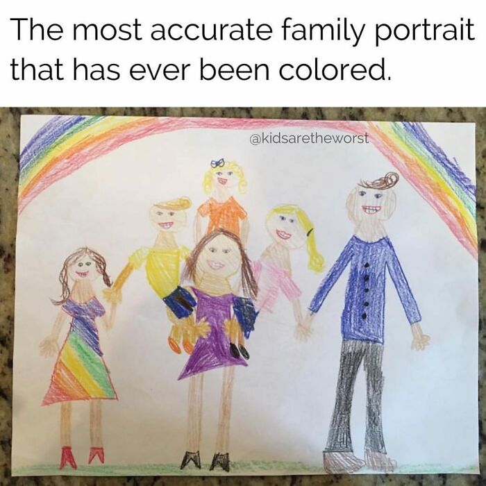 Child's colorful drawing of a family labeled as an accurate family portrait meme