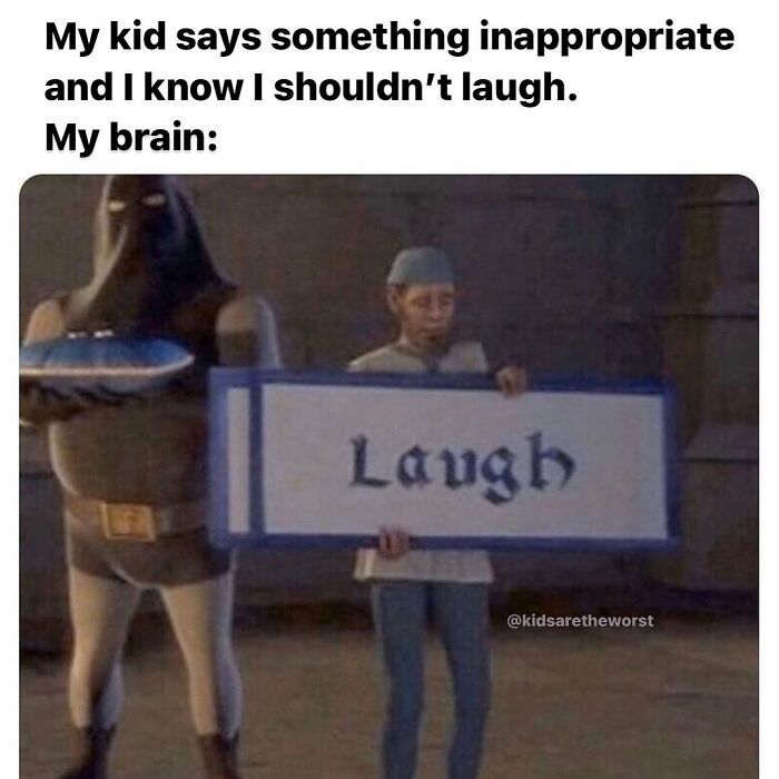 Parenting meme about struggling to not laugh at inappropriate kid comments