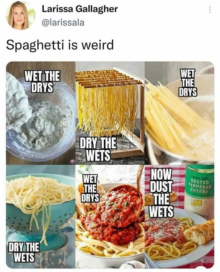 Spaghetti cooking and serving meme illustrating wet and dry phases