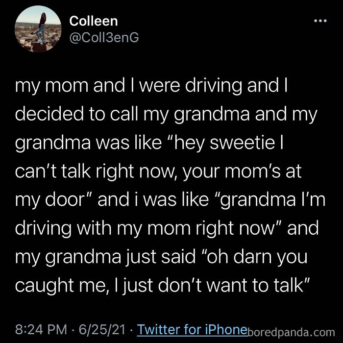Funny parenting meme about grandma avoiding talking when mom is home