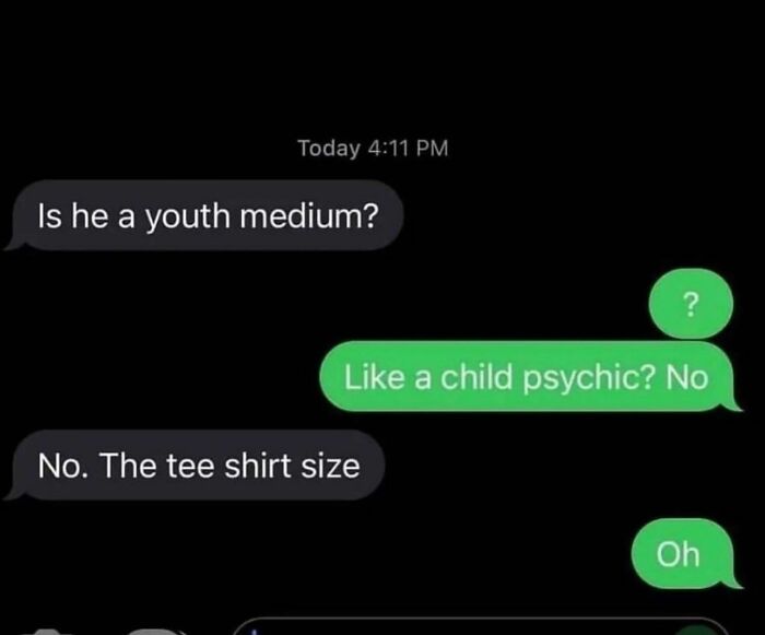 Text conversation misunderstanding about youth medium t-shirt size