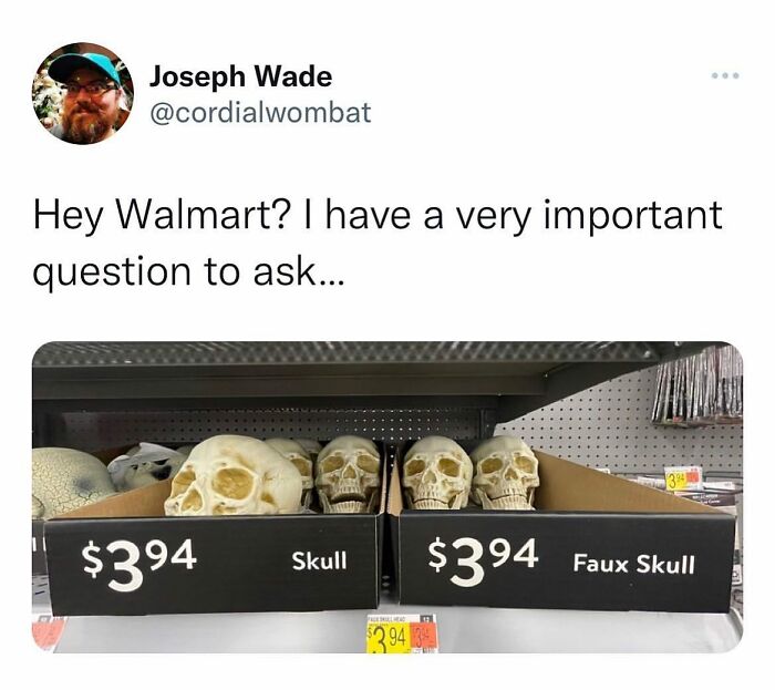 Parenting tweet showing Walmart skulls and faux skulls priced the same