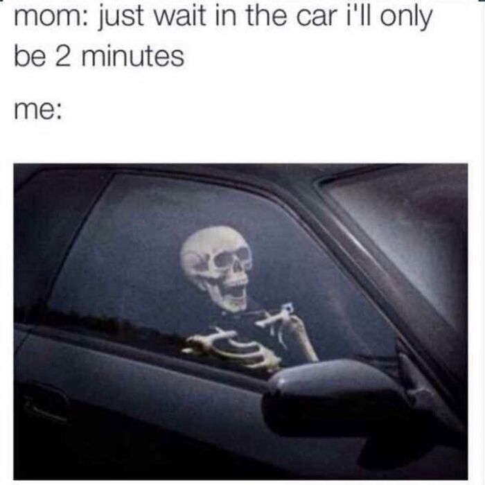 Skeleton waiting in car humor meme about parenting patience