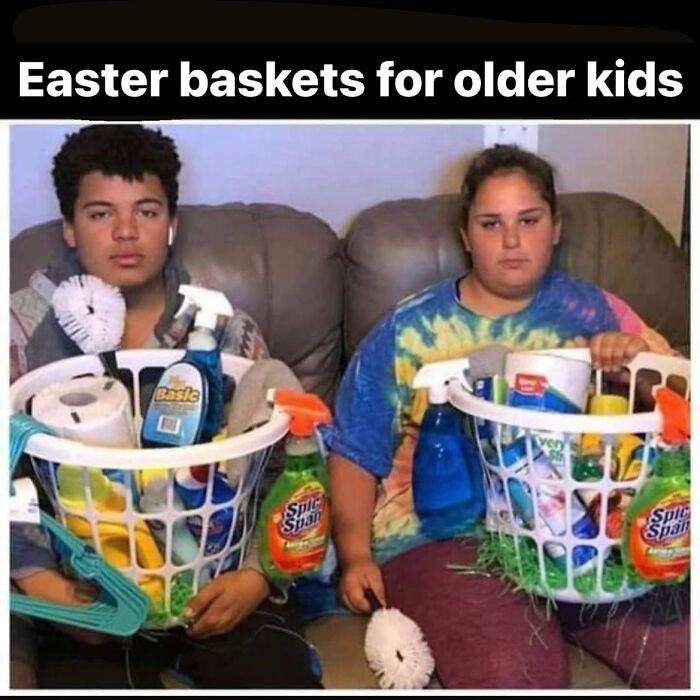 Funny parenting meme showing Easter baskets for older kids filled with cleaning supplies