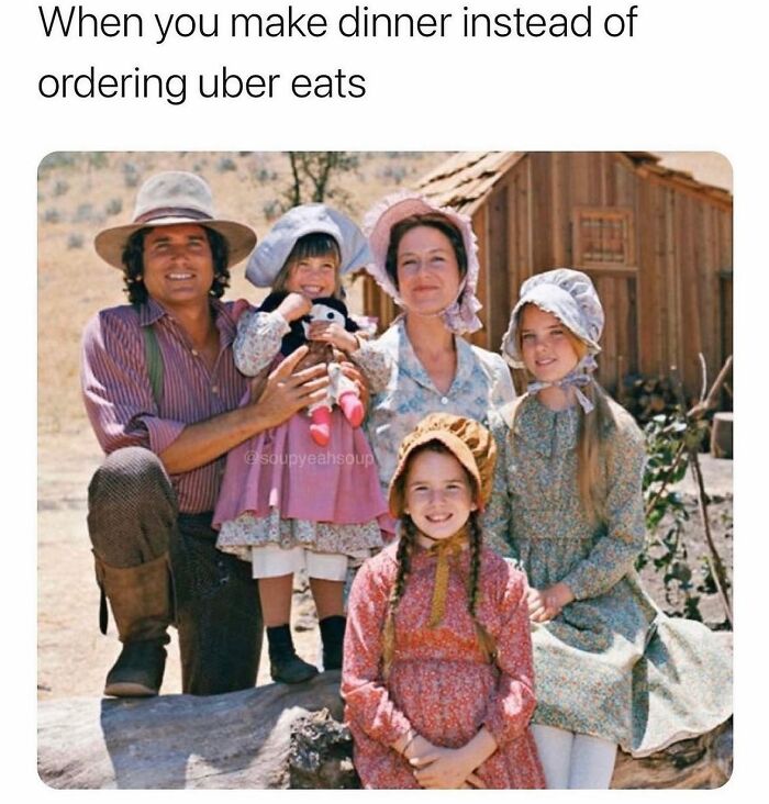Vintage family photo captioned about making dinner vs ordering Uber Eats parenting memes