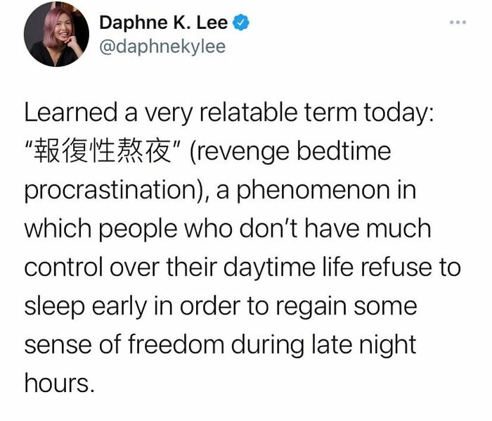 Tweet explaining revenge bedtime procrastination related to parenting memes
