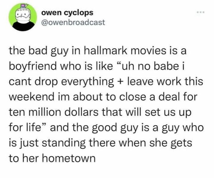 Parenting meme about bad and good guys in Hallmark movies and relationship roles