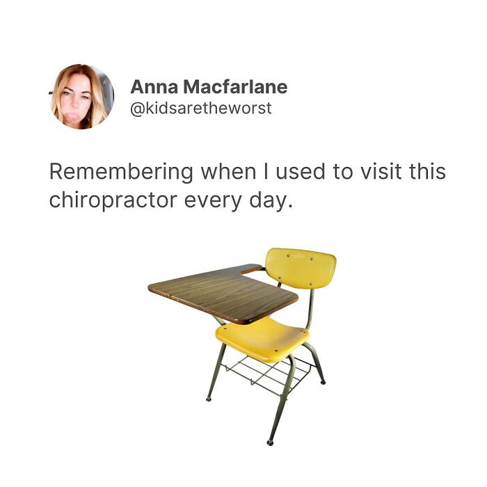 Parenting meme recalling daily chiropractor visits with photo of school desk
