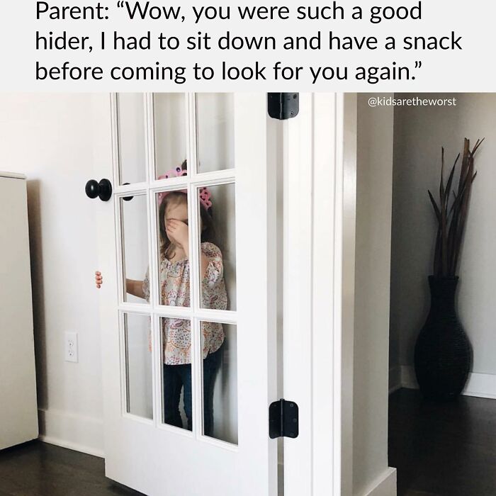 Child hiding behind glass door with parent praising good hiding in parenting meme