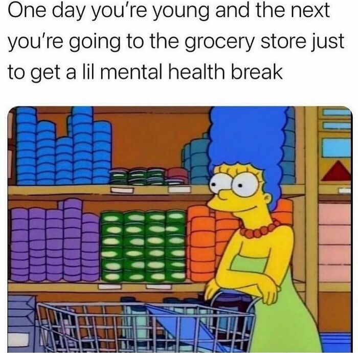 Parenting meme showing Marge Simpson in grocery store for mental health break