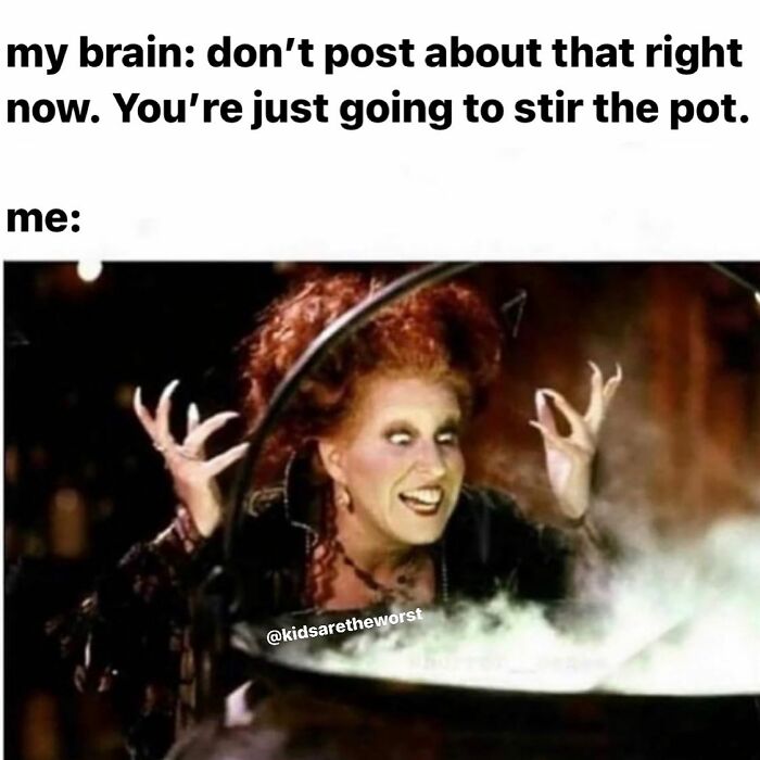 Witch stirring potion with caption about brain vs posting, parenting memes theme